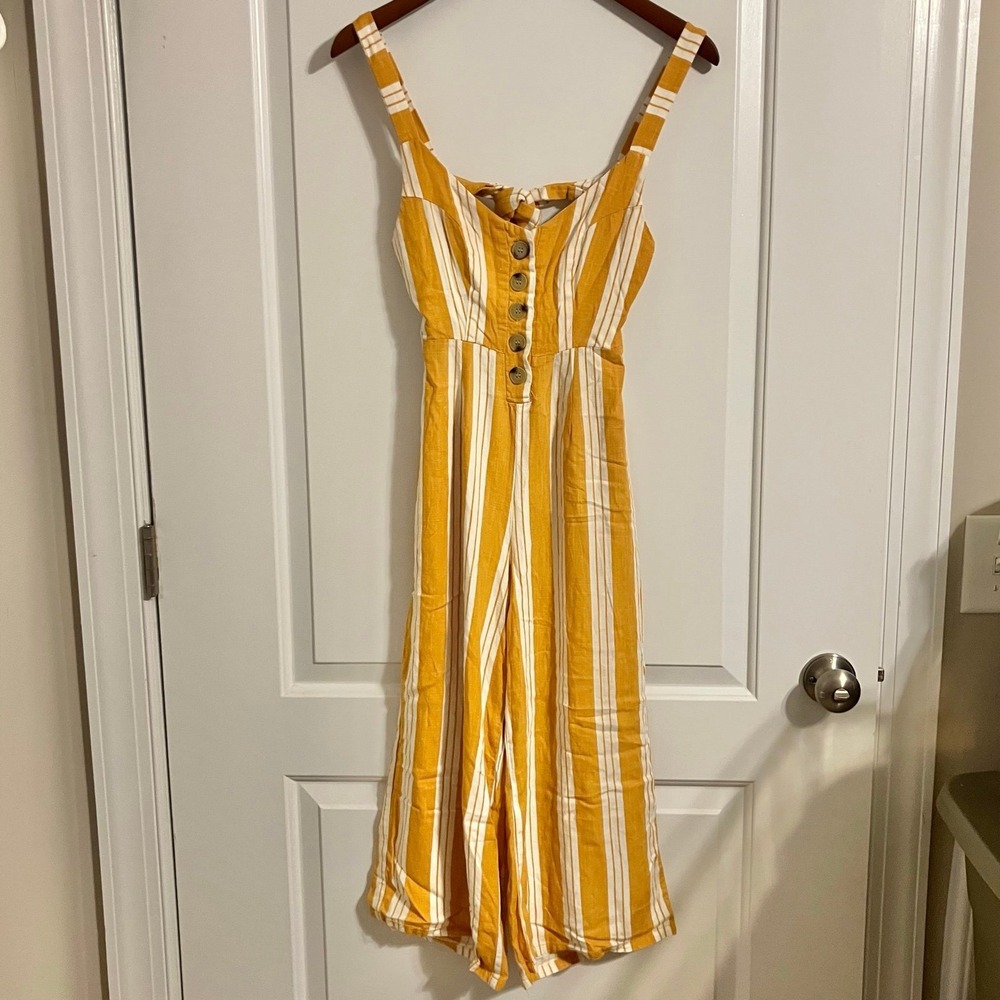 Cali 1850 Mustard Yellow & White Striped Romper Linen Blend Sz XS Jumpsuit